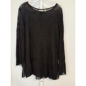 Chico’s Size 1 Black Sheer Embroidered Tunic Blouse Boho Long Sleeve Overlay Top